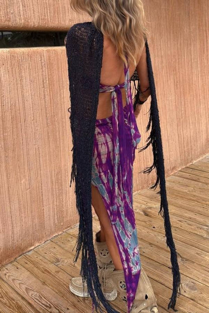 Unique Printed Halter Neck Waist-revealing Asymmetrical Maxi Dress