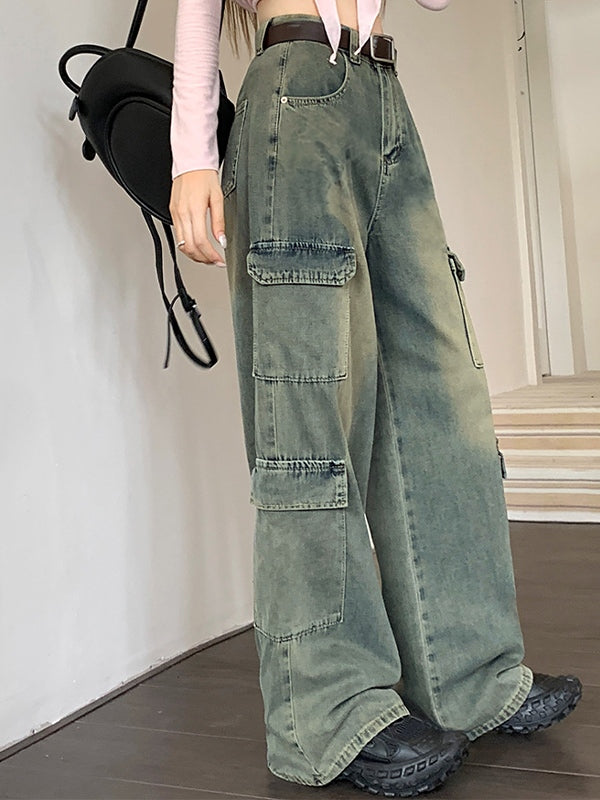 High Waist Multi Pocket Mopping Cargo Jeans