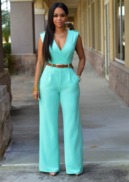 Women Clothing Sexy High Waist V neck Wide Leg Irregular Asymmetric Suit with Belt Jumpsuit