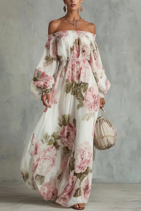 Floral Print Off-Shoulder Long-Sleeve Elastic Waist-Defining Maxi Dress