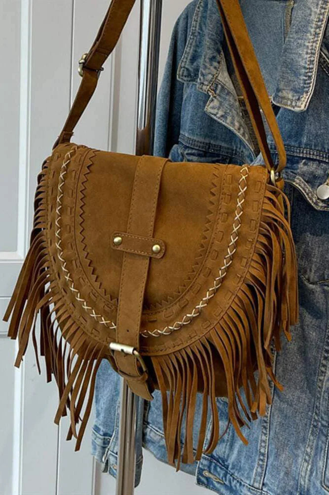 Bolso bandolera marrón estilo vaquero con flecos