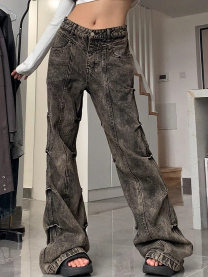 Wasteland Style Washed Pleats Slightly Flared Flare Jeans
