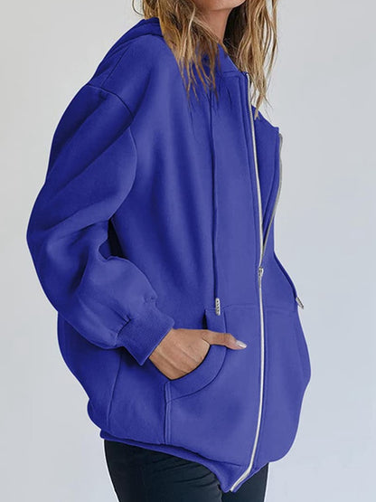Solid Drawstring Zip Up Oversized Hoodie