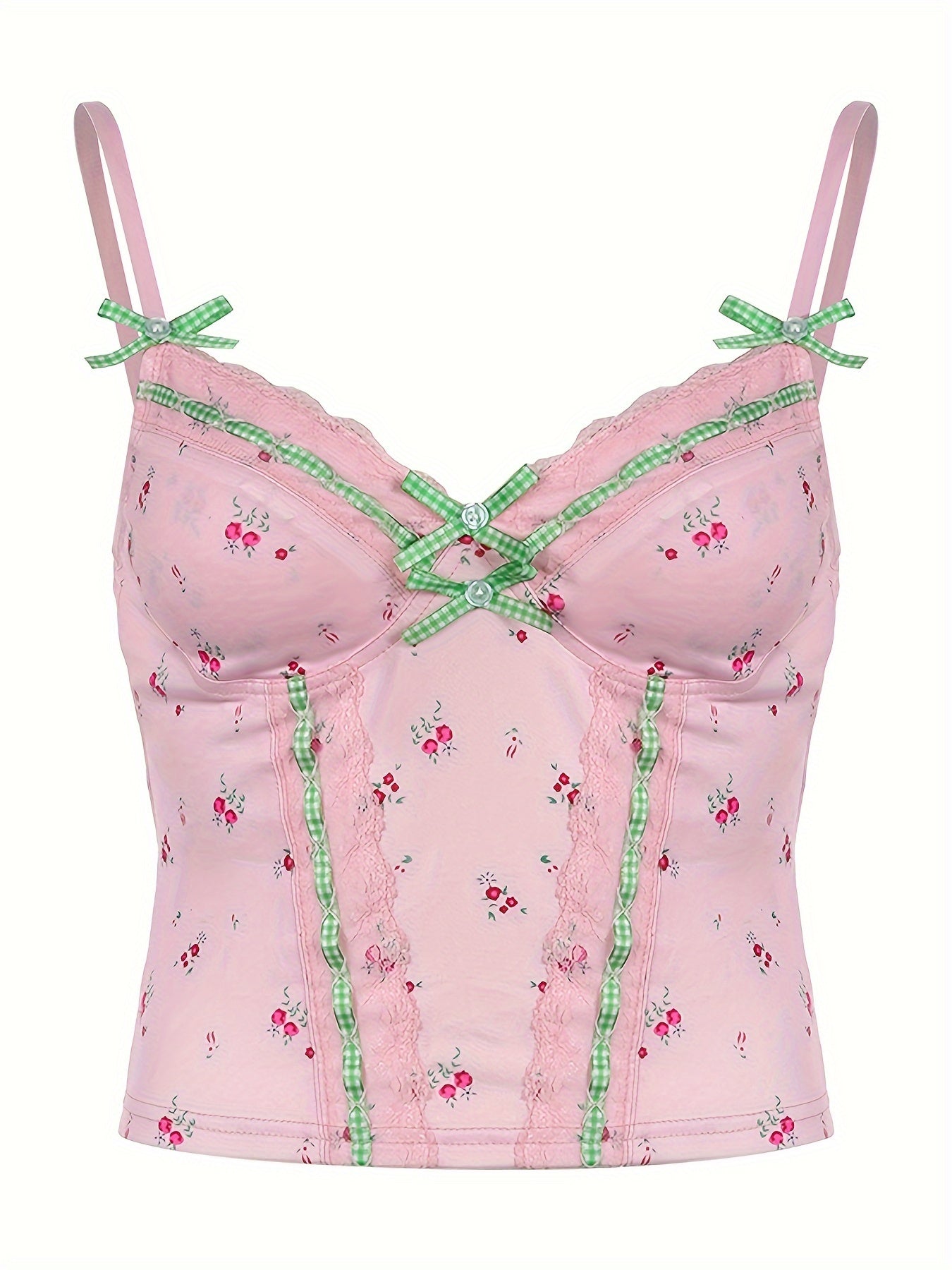 Chic Y2K Floral & Plaid Lace-Trim Cami Top - French-Inspired, Stretchy Linen Blend, Machine Washable - Perfect for All Seasons