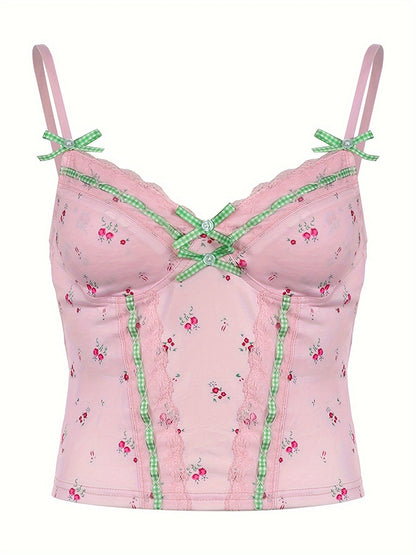 Chic Y2K Floral & Plaid Lace-Trim Cami Top - French-Inspired, Stretchy Linen Blend, Machine Washable - Perfect for All Seasons