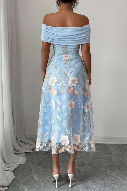 Elegant Ruched Off-Shoulder Floral Appliqué Midi Dress