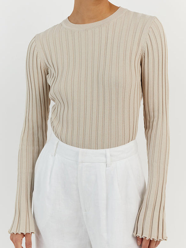 Solid Ribbed Crew Neck Long Sleeve Knit