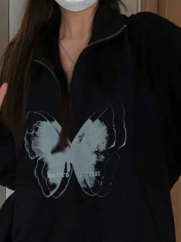 Butterfly Print Half Zipper Lapel Neck Sweatshirt