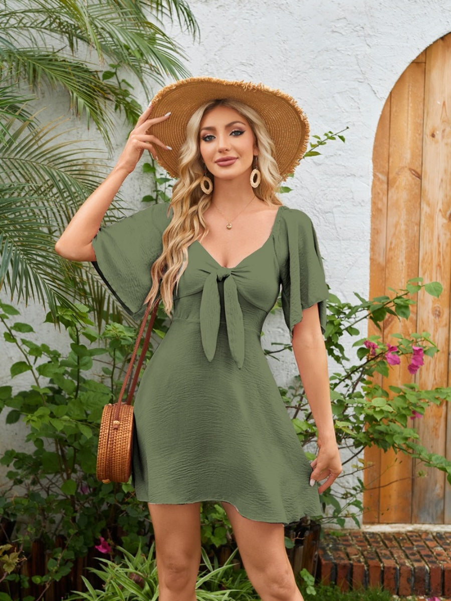 V-neck Bow Tie Short-sleeved Mini Dress