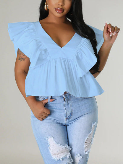 Sweet Printed Flounce V Neck Top