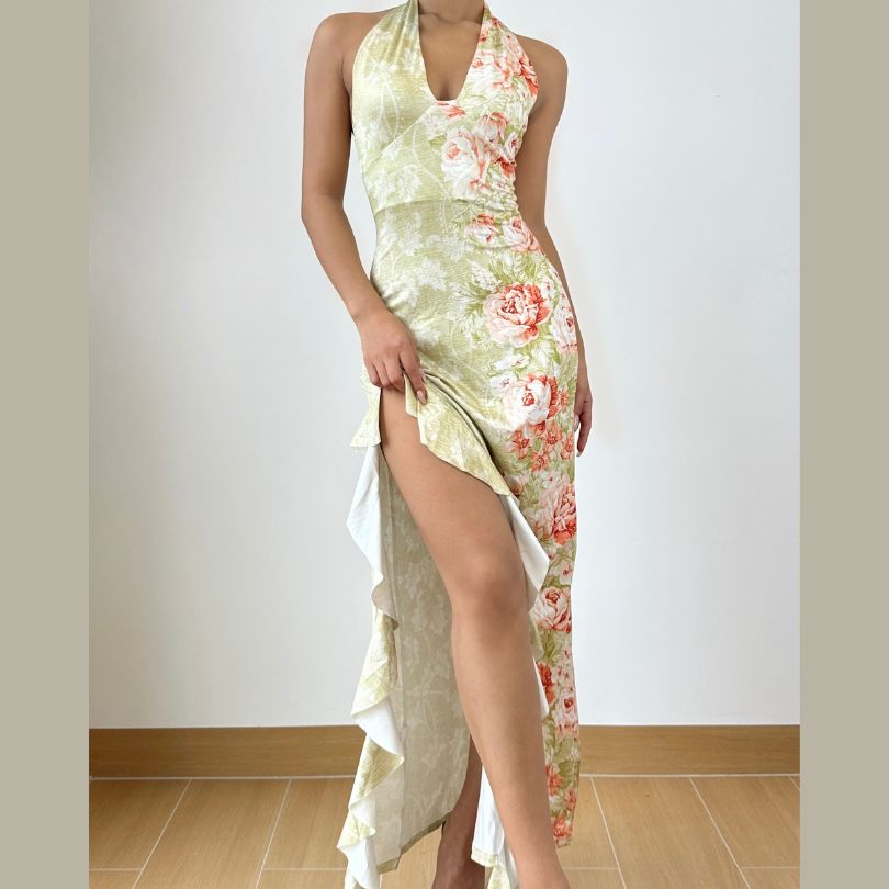 Slit ruffle flower print halter ruched mini dress  | Festival Outfits Women