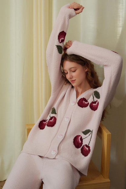Conjunto de pijama tipo cárdigan de terciopelo suave con cerezas