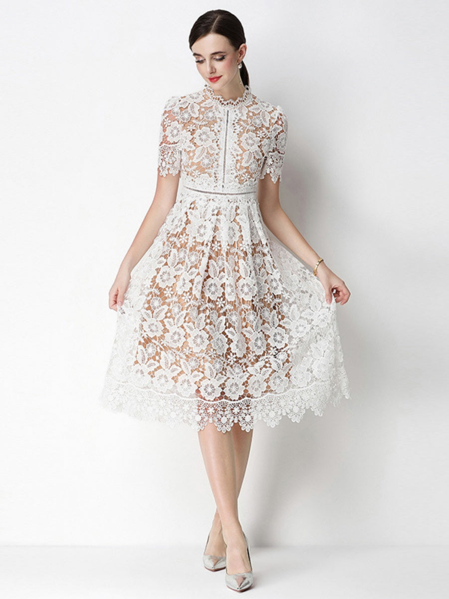 Hollow-out Water-soluble Lace Midi Dress