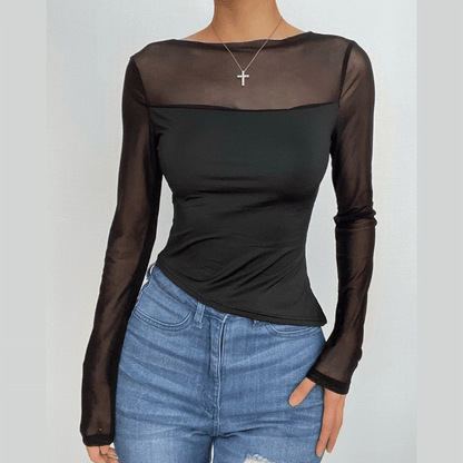 Mesh patchwork irregular solid long sleeve top  | Festival Outfits Women