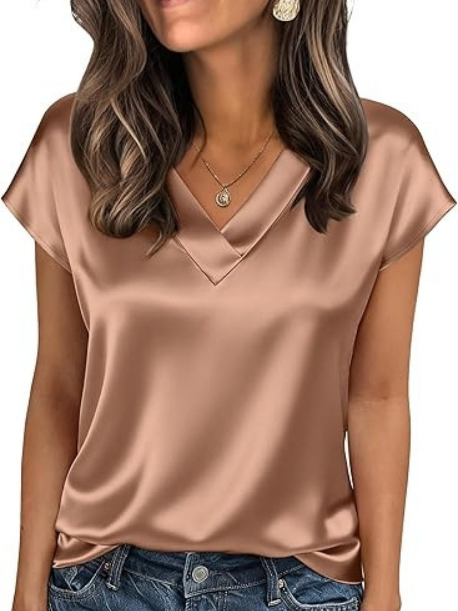 V-neck Satin Leisure Solid Color T-shirts