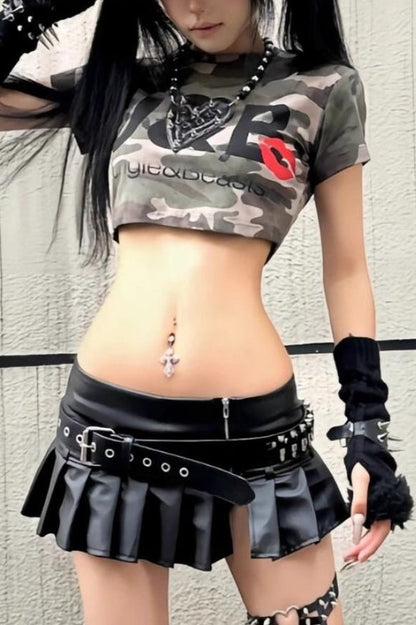 Y2K Distressed Camo Fitted Crop Top