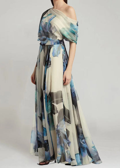 Ladies' French Sky Blue Asymmetric Printed Chiffon Long Skirt Summer