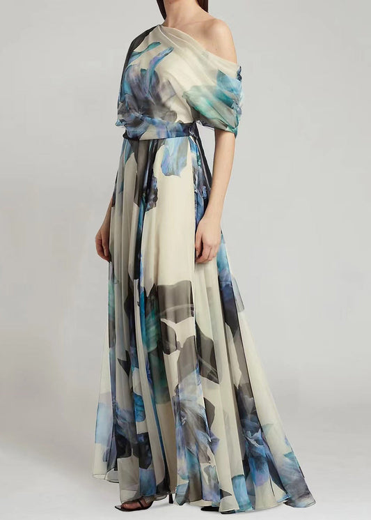 Ladies' French Sky Blue Asymmetric Printed Chiffon Long Skirt Summer