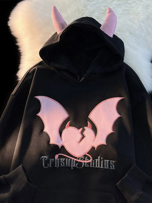 Vintage Contrast Color Devil Embroidery Styling Oversized Hoodie