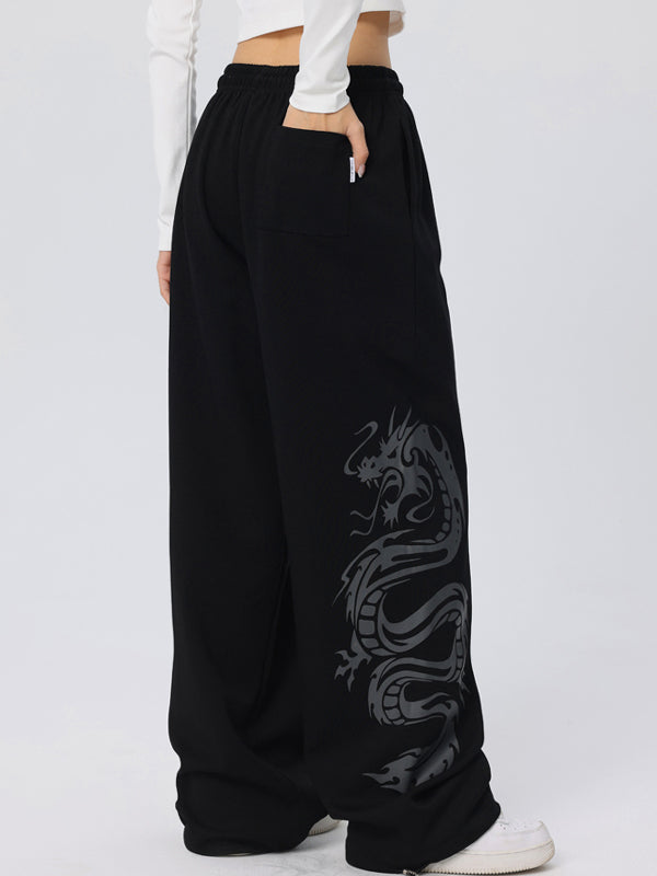 Vintage Dragon Print Loose Sweatpants