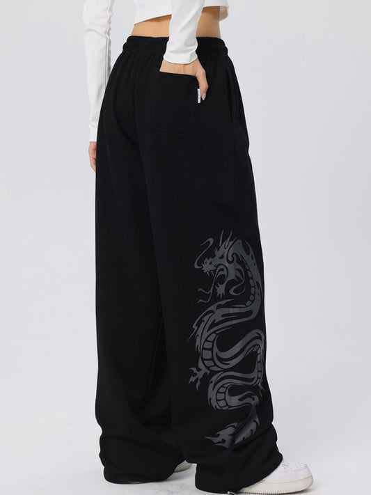 Vintage Dragon Print Loose Sweatpants