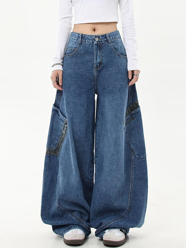 American Retro Leopard Print Stitching Boyfriend Jeans