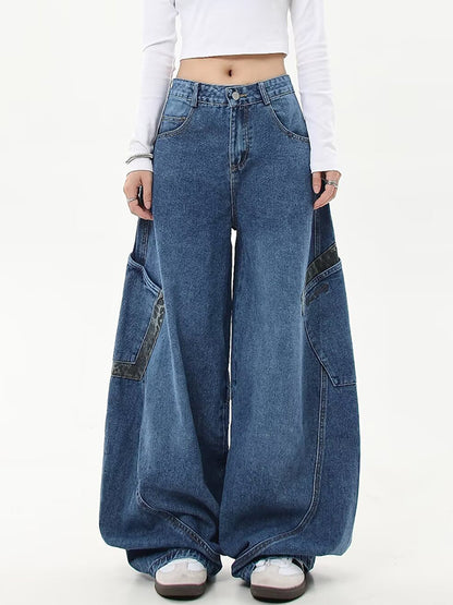 American Retro Leopard Print Stitching Boyfriend Jeans