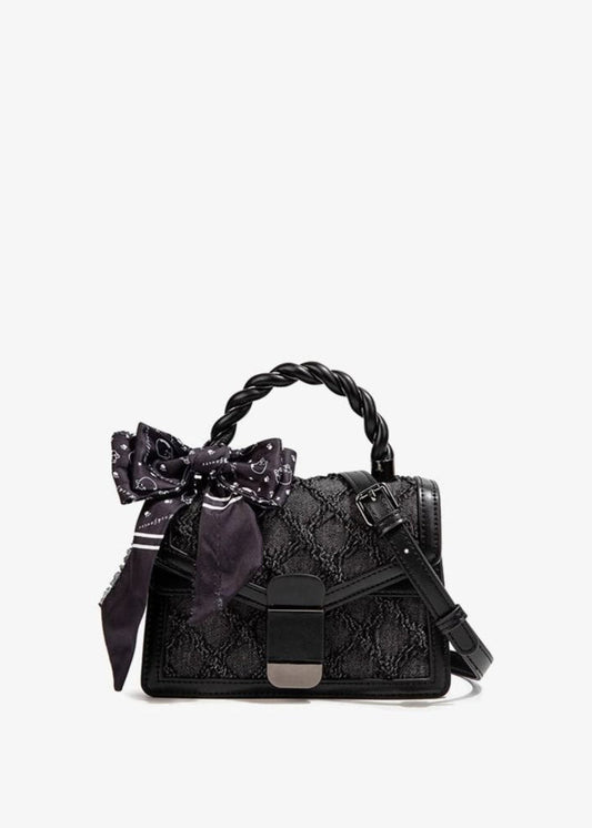 Aurelia Noir - Textured Faux Leather Mini Handbag with Printed Bow