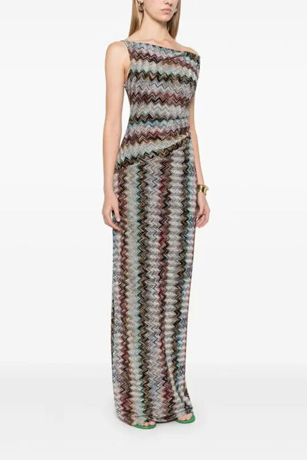 Cocktails and Vacation Knit Colorful Zigzag Pattern One Shoulder Slit Maxi Dress