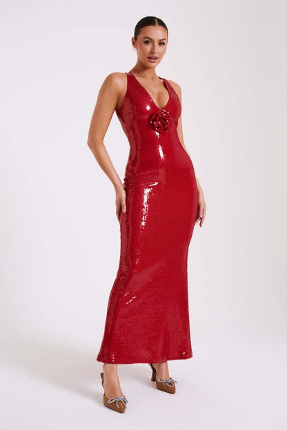 Backless Floral Sequin Maxi Dress
