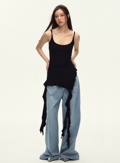 Ruched Asymmetric Black Cami Top