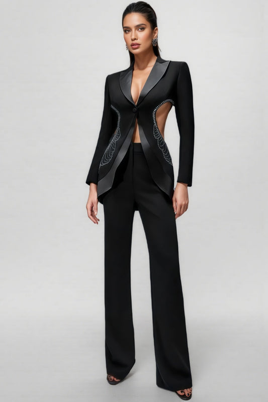 Runte Openwork Rhinestone Blazer Trousers Set