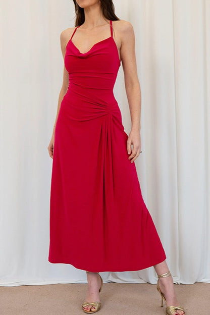 Halter Neck Tie Detail Evening Wrap Dress