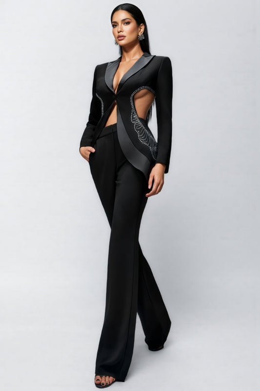 Runte Openwork Rhinestone Blazer Trousers Set