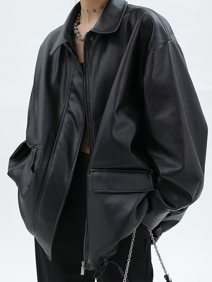 Vintage Lapel Neck Zip Up Motorcycle Leather Jacket