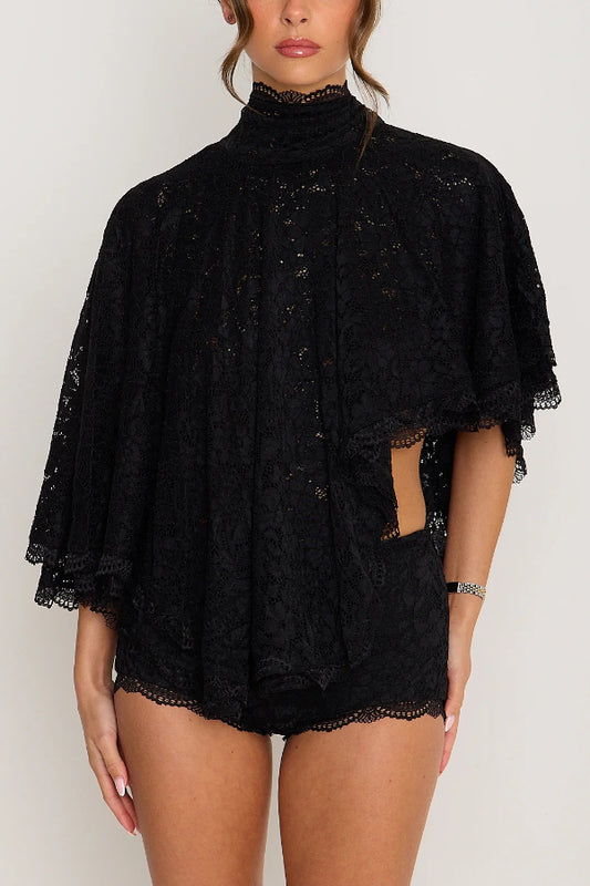 Stylish Openwork Lace Loose Top and Side Zipper Slim-fit Shorts Set