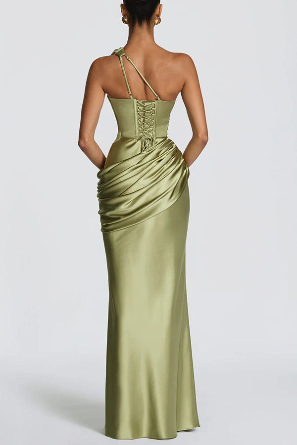Emina Satin One Shoulder Asymmetrical Neck Cutout Back Lace-up Drape Maxi Dress