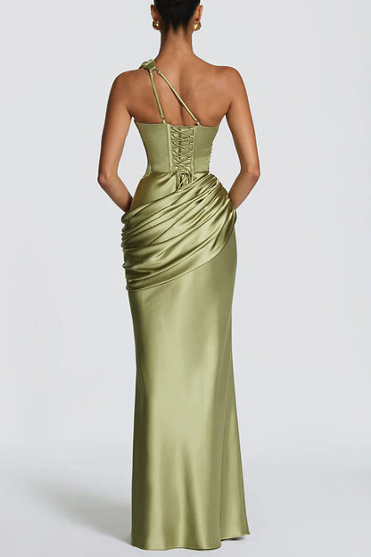 Emina Satin One Shoulder Asymmetrical Neck Cutout Back Lace-up Drape Maxi Dress
