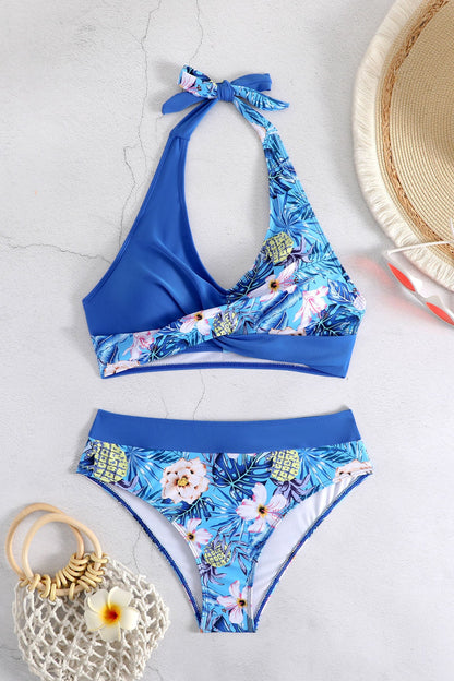 Traje de baño de bikini con cuello halter y bloques de color