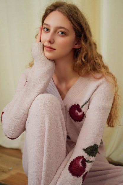 Conjunto de pijama tipo cárdigan de terciopelo suave con cerezas