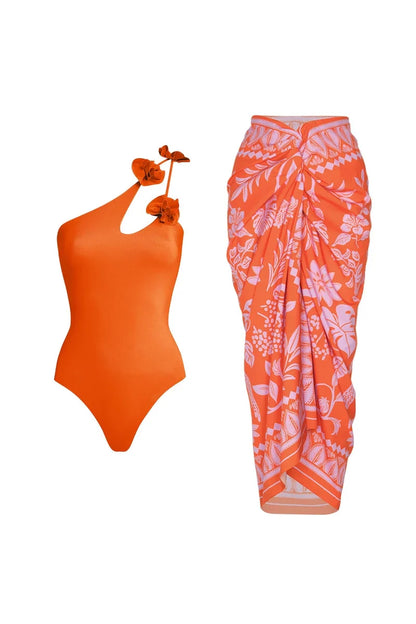 Conjunto de traje de baño floral con un hombro descubierto