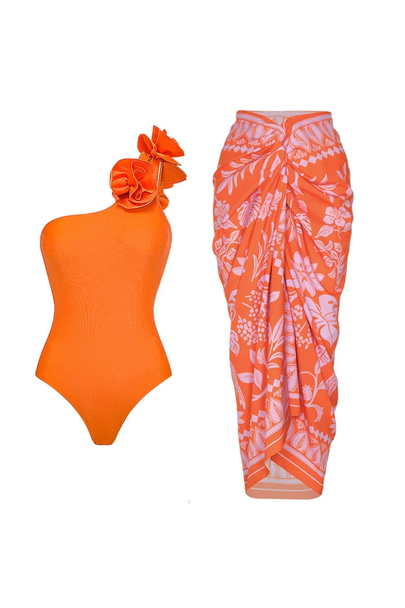 3D Floral Glossy Solid Swimsuit Set