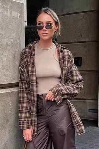 Vintage Plaid Longline Loose Fit Blouse