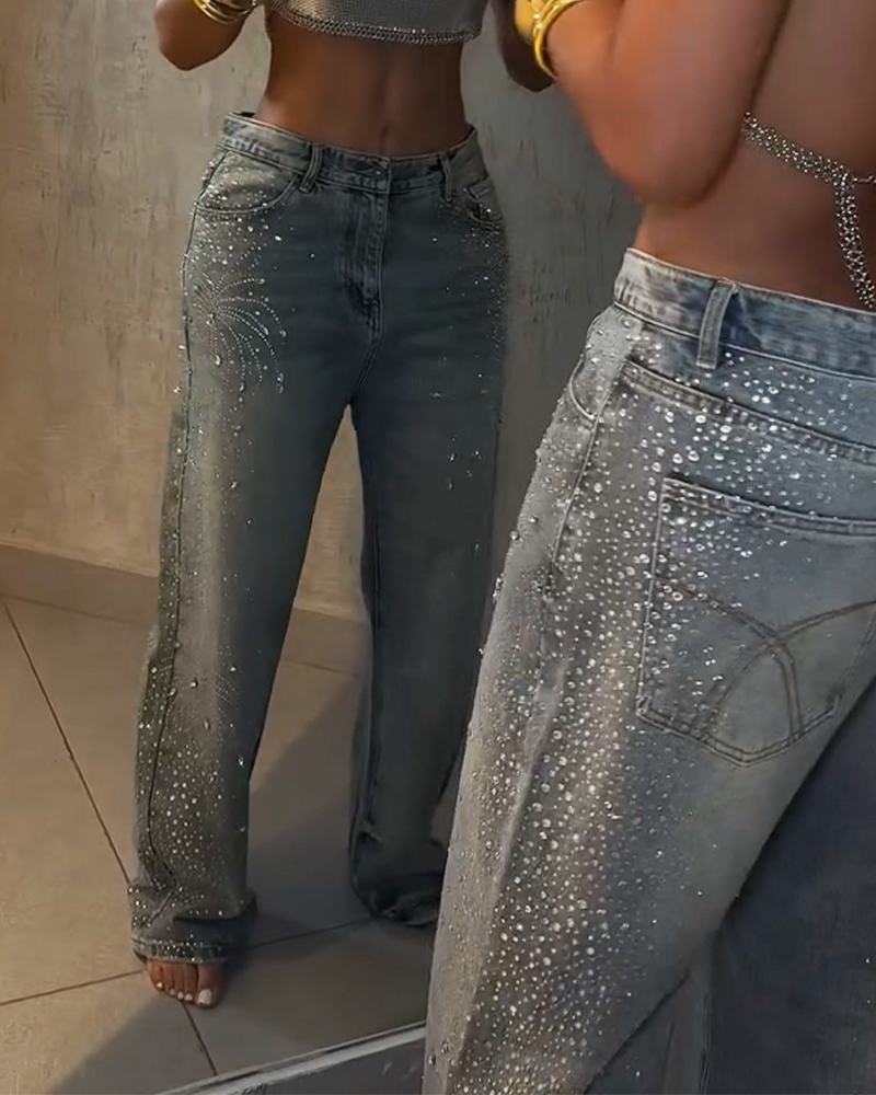 Diamond-Studded Straight Jeans (Pre-Sale)
