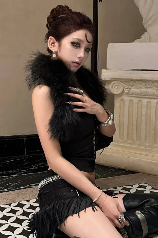 Furry Patchwork Halter Backless Corset