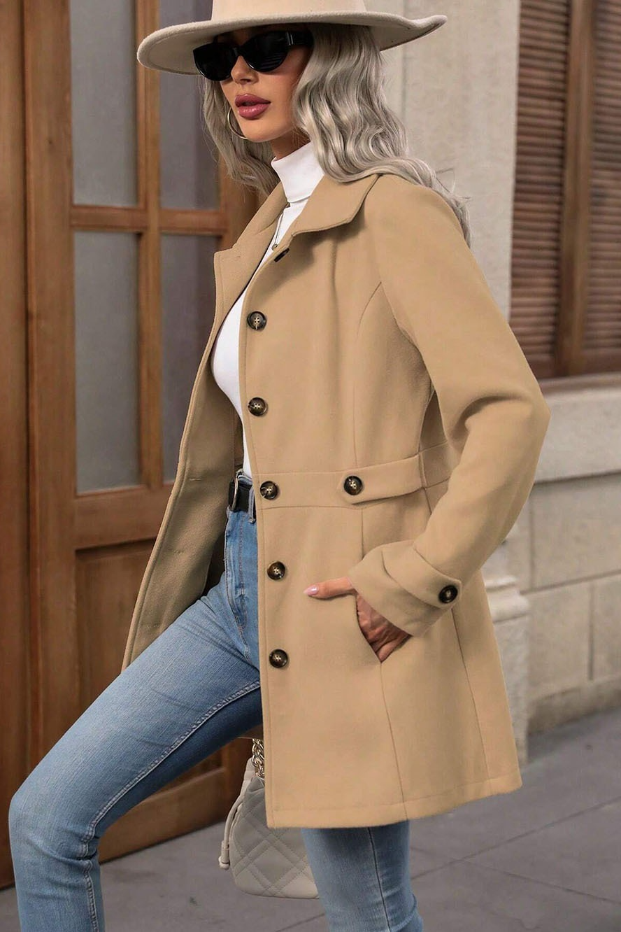 Solid Notch Lapel Buttoned Elegant Wool Blend Jacket