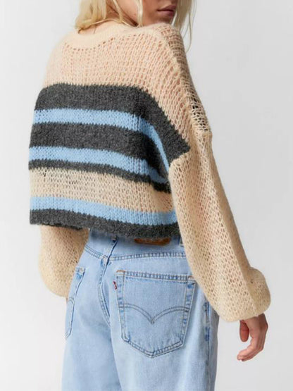 Contrast Color Striped Loose Cropped Sweater