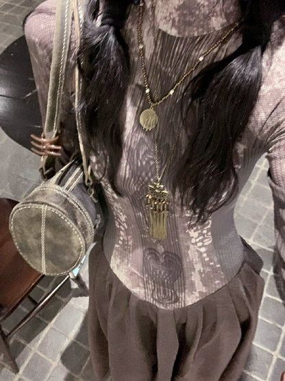 Tribal Print Splice Long Sleeve Maxi Dress