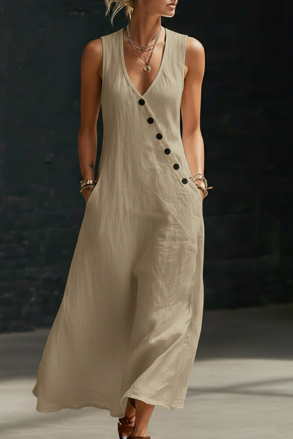 Linen Blend Solid Color V-neck Sleeveless Button-down Casual Pocket Midi Dress