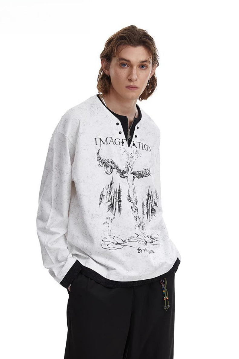 Vintage Punk Pearl-button Layered Long Sleeve Knit Top
